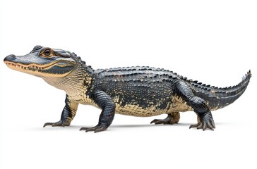 Obraz premium Realistic Representation of a Crocodile on White Background Showcasing Scales, Eyes, and Unique Features in Detail for Educational or Creative Use
