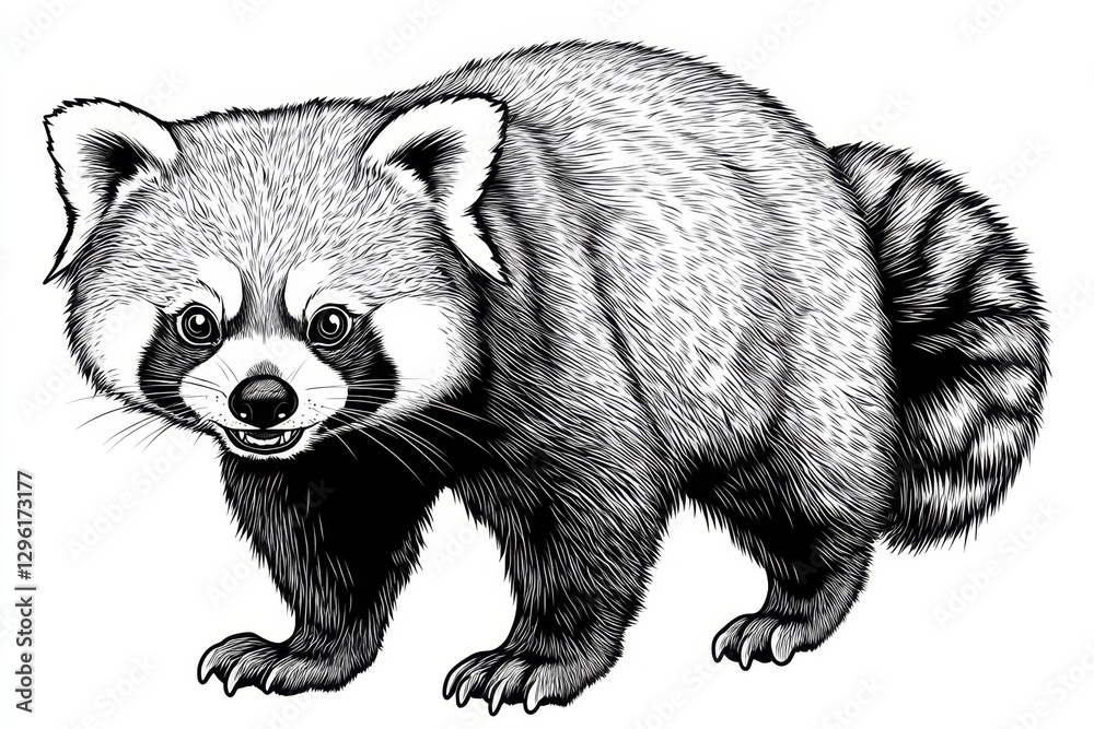 Poster Black and white line drawing illustration of an American red panda walking towards the viewer, smiling with its tail raised up in front of it. The lines should be clean and precise to highlight