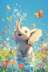 Obraz premium Cute baby elephant splashes joyfully in a vibrant field of flowers with butterflies during a sunny day