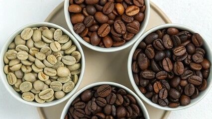 Fototapeta premium Top-down view of four bowls filled with coffee beans, displaying a gradient of roast levels from unroasted green to intensely dark. Perfect for food photography, coffee product shots, and illustrating