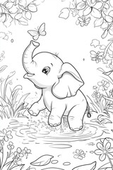 Obraz premium Cute baby elephant joyfully splashing water while playing with butterflies in a vibrant flower-filled habitat