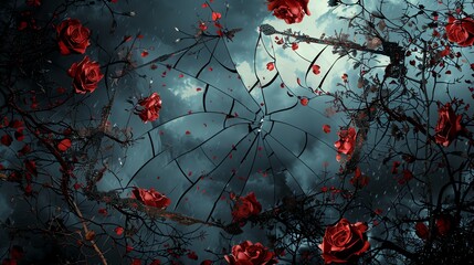 A broken mirror reflects a stormy sky with red roses raining down.