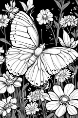 Fototapeta premium Large butterfly flutters gracefully among vibrant flowers in a lively garden setting