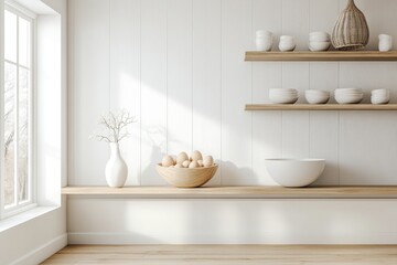 Bright and Minimalist Interior with Shelves and Natural Elements