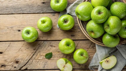 Delicious-looking green apples arranged in a wicker basket and on a wooden table, ready to be enjoyed as a healthy snack or ingredient. Appealing for food advertising and healthy eating promotions.

