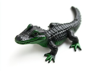 Naklejka premium Realistic toy crocodile figure with detailed texture in black and green color placed on a white background for educational and decorative use