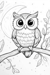 Fototapeta premium Sweet owl perched on a branch under a crescent moon with stars twinkling in the background at night