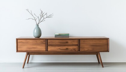 Mid century modern wooden sideboard with vase and books