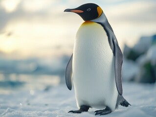 Obraz premium A cute penguin stands on a patch of ice in the Arctic. Perfect for microstock and animal lovers.
