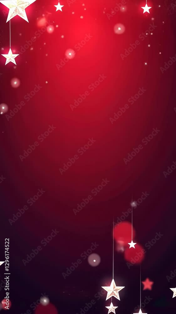 Poster a red background with stars and a white star in the middle. the stars are hanging from the top of th