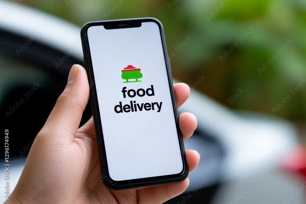Poster Close-up of a hand holding a mobile phone with a tracking app on the screen displaying a 