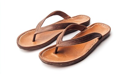 Pair of brown leather thong sandals isolated on white background.