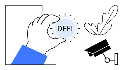 Hand holds coin labeled DEFI with camera and leaf nearby. Ideal for finance, cryptocurrency, blockchain, decentralized systems, security, innovation, sustainability. Simplifies complex financial