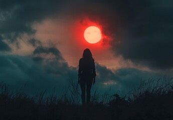 Silhouette of Woman Against Dramatic Red Sun and Dark Clouds