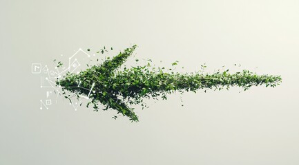 Green arrow made of lush leaves symbolizing eco-friendly growth, sustainability, and technology in the digital era.