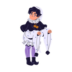 Cute little boy in masquerade costume of drama character. Adorable happy child dressed in clown. Kid wearing theater, circus suit for festival carnival. Flat isolated vector illustration on white