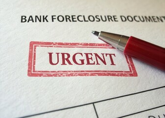 Bankruptcy and foreclosure concepts. A document labeled "URGENT" related to bank foreclosure, accompanied by a red pen, indicating a pressing financial issue.