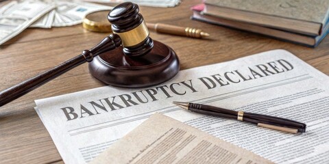 A gavel rests on a table beside a "Bankruptcy Declared" document, surrounded by money and legal books, symbolizing financial distress and legal proceedings.