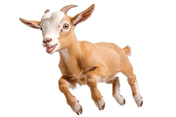 Fototapeta premium Cute brown goat jumping, isolated on a white background, high-quality photograph
