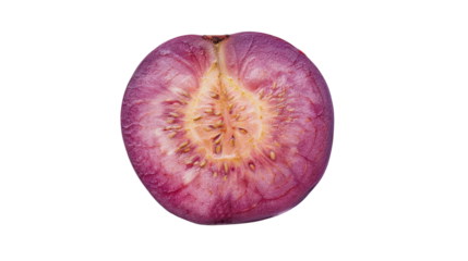 Fresh cut plum showing seeds and vibrant purple flesh on transparent background