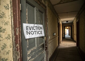 Bankruptcy and foreclosure concepts. A dimly lit hallway features a door with an eviction notice, hinting at abandonment and neglect in a once lively space.