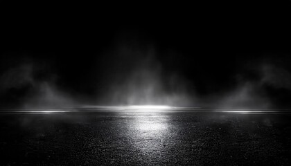 Fototapeta premium dramatic night road with wet asphalt, glowing headlights and fog, cinematic background for mystery, thriller, or noir