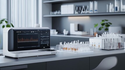 Advanced laboratory equipment with test tubes and data analysis display in a modern workspace setting