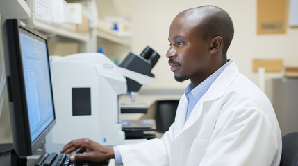 Scientist working diligently at computer in laboratory with microscope nearby during daytime hours
