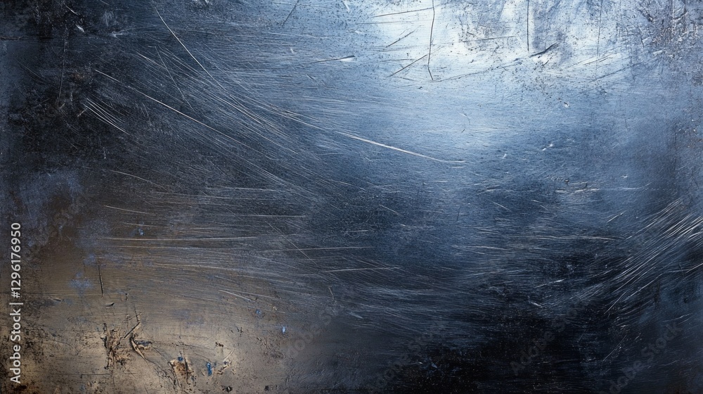 Poster A textured metallic surface captures the soft glow of twilight. Subtle reflections intermingle with scratches, creating an abstract play of light and shadow, inviting contemplation