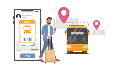 Concept illustration of intercity bus transportation. Man buying a ticket online on your smartphone. Vector illustration.