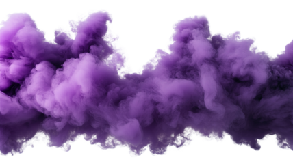 A dramatic burst of purple smoke, isolated on a transparent background with a clean white backdrop. The smoke forms abstract patterns, giving a sense of movement and energy.