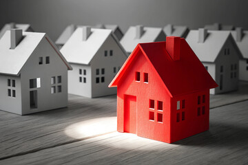 Standout Red House Model Among White Houses, Unique Property Concept, Real Estate Market, Housing Competition, Investment Strategy, Dream Home, Individuality in Homeownership