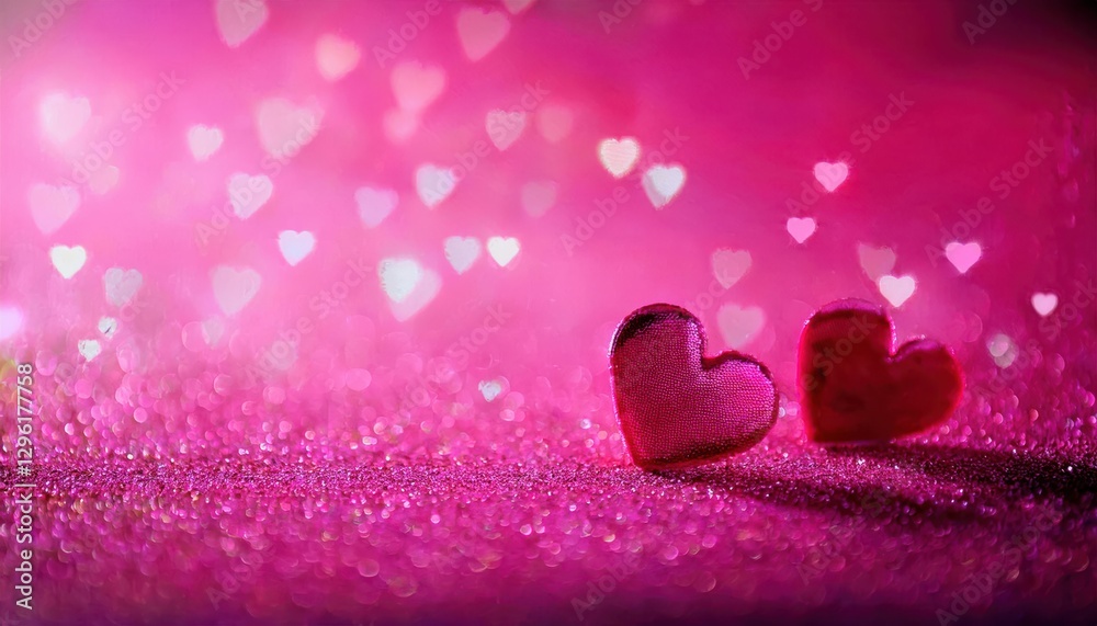Aufkleber two glossy red heart shaped decorations on a sparkling pink surface with a dreamy bokeh background of floating soft white hearts

