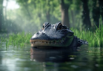 Fototapeta premium Serene Alligator in Calm Waters Surrounded by Lush Greenery with Soft Focus and Natural Light Glimmering Through Trees