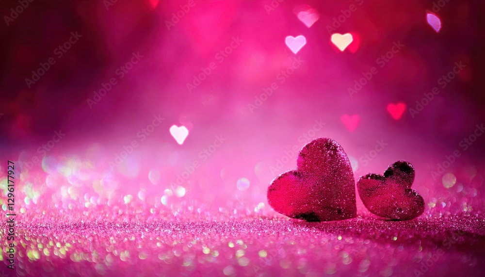 Aufkleber two glossy red heart shaped decorations on a sparkling pink surface with a dreamy bokeh background of floating soft white hearts

