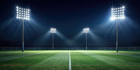 Night game's stark beauty: bright beams, empty stands, a silent, illuminated field.