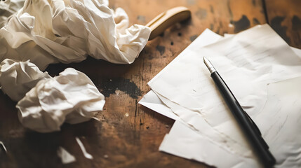 White sheet on the table, next to the handle and crumpled sheets of paper. Writing theme. Writer's day