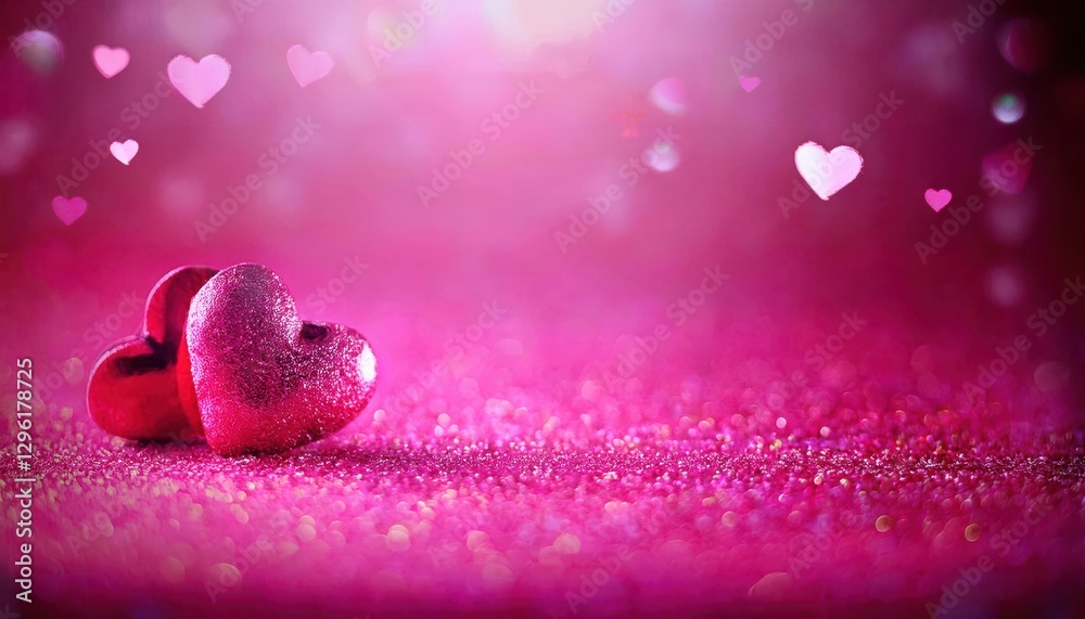 Poster two glossy red heart shaped decorations on a sparkling pink surface with a dreamy bokeh background of floating soft white hearts

