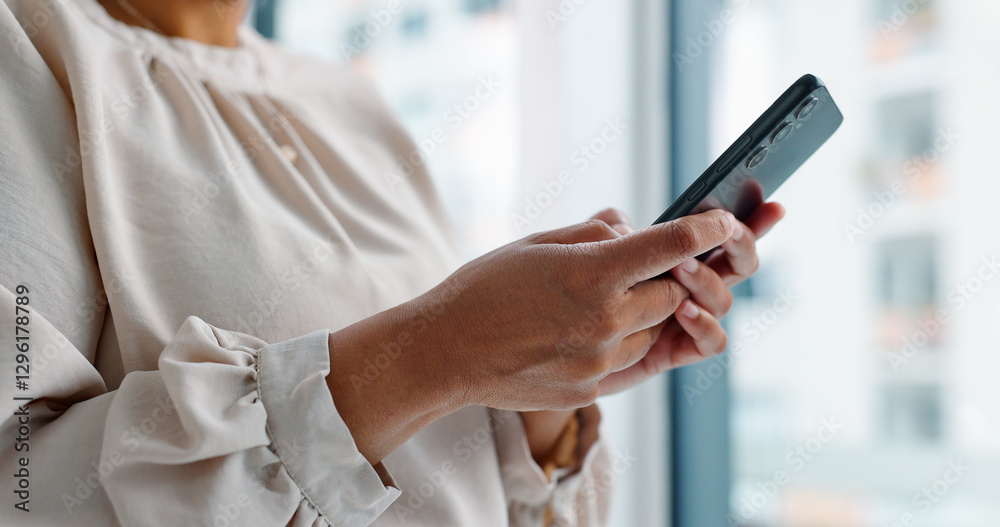 Aufkleber hands, texting and phone for business woman in modern office with communication, contact and network