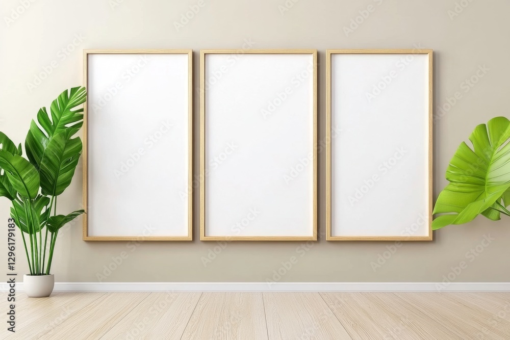 Poster four wooden picture frames with blank white canvases on a beige wall, a simple design in a minimalis