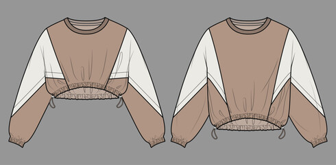 Vector oversize color block woman sweatshirt fashion CAD, long sleeved crop bolero hoodie technical drawing, template, sketch, flat. Fleece, woven fabric sport sweatshirt with gathering, front view © Yulish
