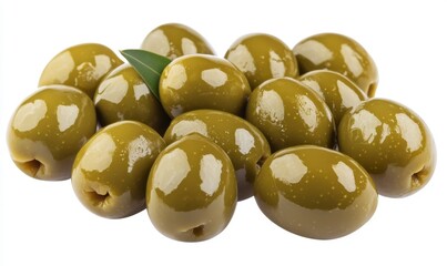 Fresh Green Olives with Leaf Arrangement on White Background