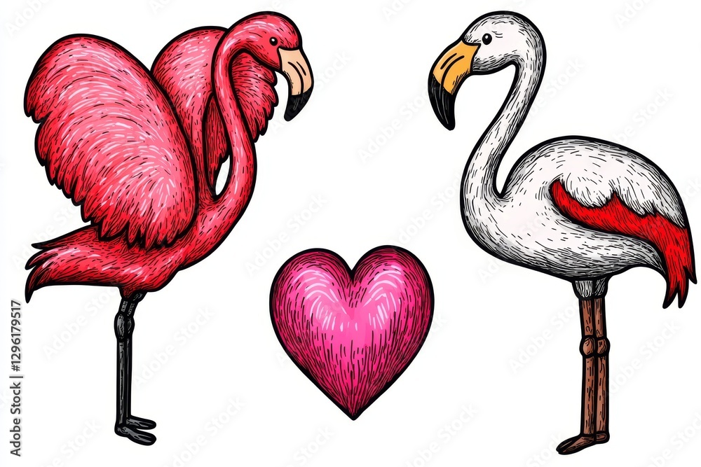 Poster hand-drawn vector illustration of flamingos flying and standing in different poses, forming the shap