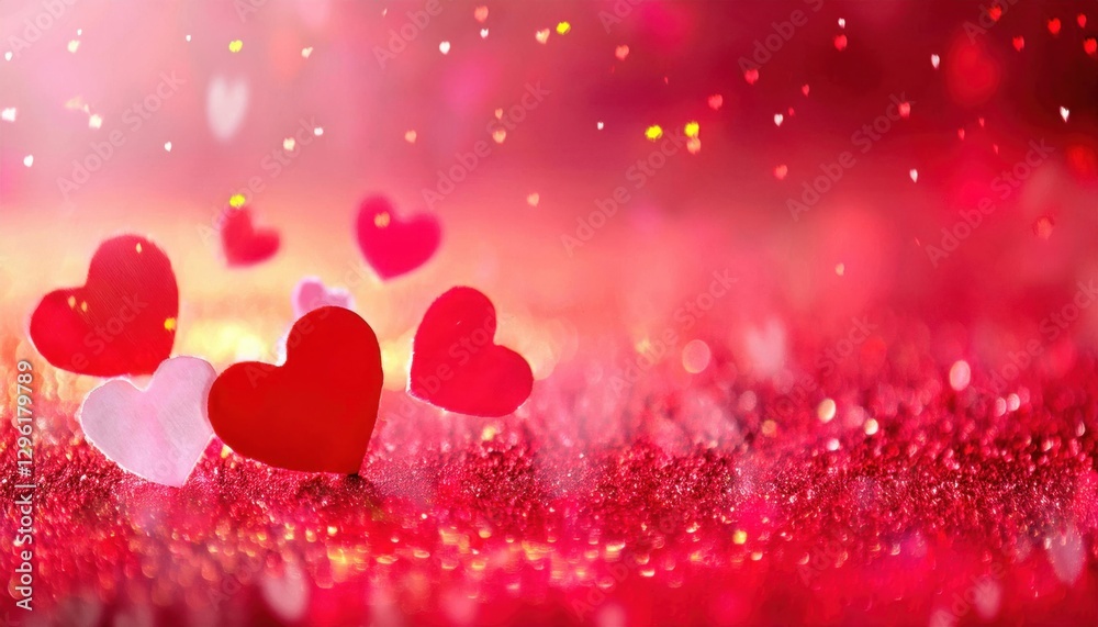 Aufkleber romantic red heart with sparkling glitter background, soft pink bokeh lights and floating glowing he