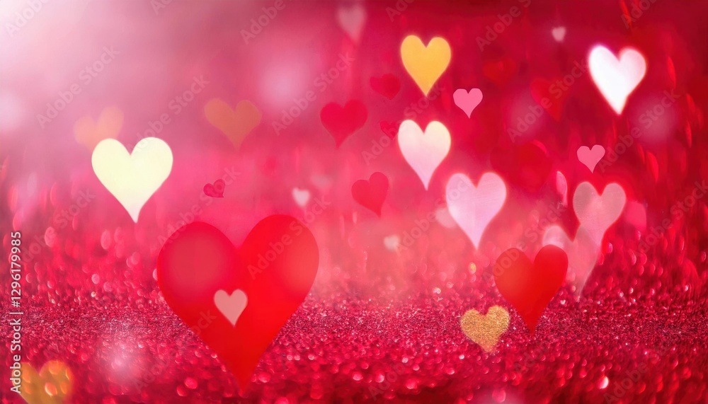 Aufkleber romantic red heart with sparkling glitter background, soft pink bokeh lights and floating glowing he