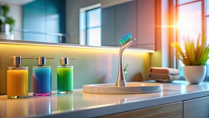 Close-up Still Life of Toothbrush and Toothpaste on Modern Bathroom Vanity