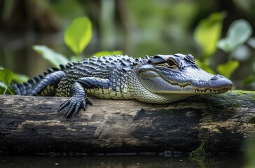 Fototapeta premium Serene Alligator Resting on Log in Lush Wetland Surrounded by Greenery and Reflections in a Calm Waterbody