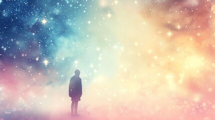 A single person stands silhouetted against a dreamy, starry sky.