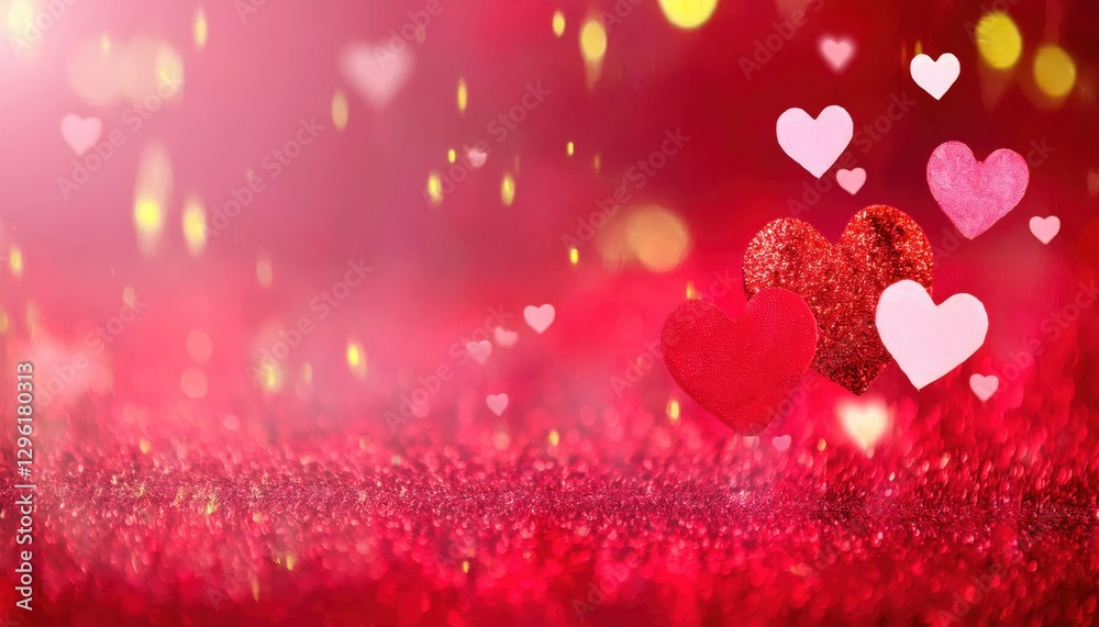 Aufkleber romantic red heart with sparkling glitter background, soft pink bokeh lights and floating glowing he