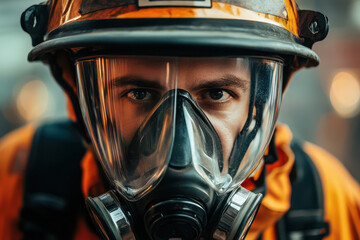 Fototapeta premium Brave Firefighter in Full Respiratory Protection Amidst Fire